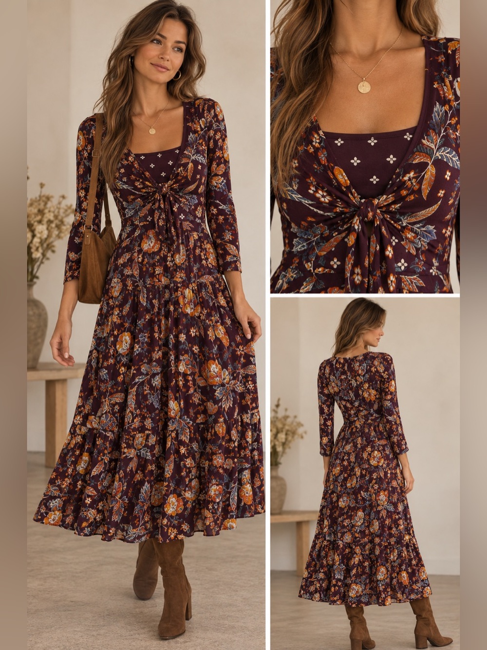 Anthropologie Burgundy Floral Maxi Dress with Tie Front